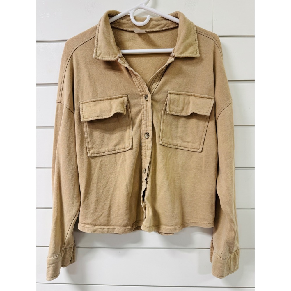 No Boundaries Tan Khaki Button Down Shirt Jacket Cropped French Terry Womens L